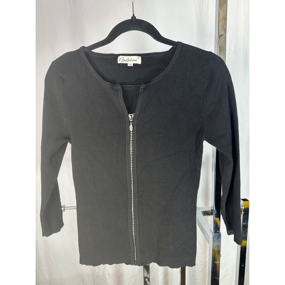Vintage Women's Ribbed Y2K Rhinestone Zipper Goth Long Sleeve Cardigan Top | S